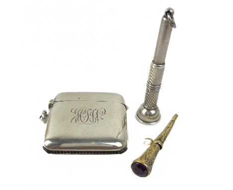 A gold watch key with amethyst set terminal, a silver vesta case fob and silver cigar pricker fob. The tapering watch key wit