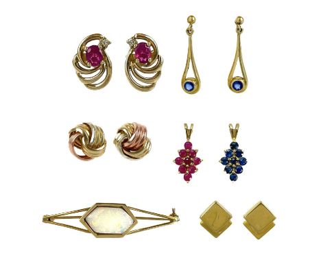 A selection of 9ct jewellery. To include a white opal set brooch, width 47mm; a pair of ruby and diamond set stud earrings, a