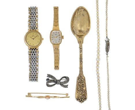 A French foliate cast silver gilt spoon etc. Together with an Omega De Ville ladies quartz wrist watch, Rotary manual wind wr