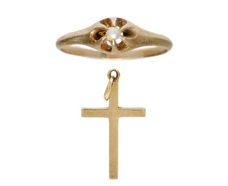 A 14ct seed pearl set ring and a 9ct cross pendant. The pearl ring stamped 14k, size I, 1.2g; the cross weight 2.7g.
