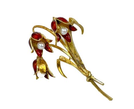 An 18ct red enamel and pearl set flower bouquet brooch. Stamped 750, length 50mm, base metal pin, 8g.