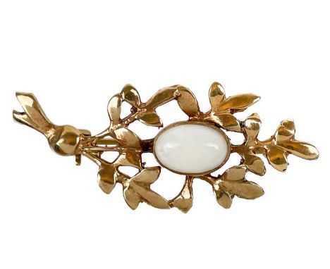 A 9ct hallmarked rose gold white opal set foliate openwork brooch. Length 42mm, 5.8g.