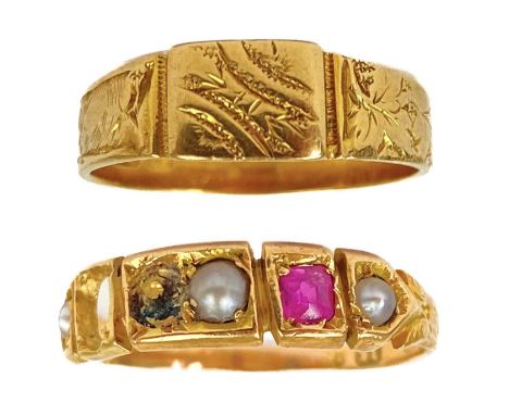 A Victorian 18ct band ring with engraved decoration and a 15ct pink sapphire and pearl set ring. The band ring hallmarked Bir