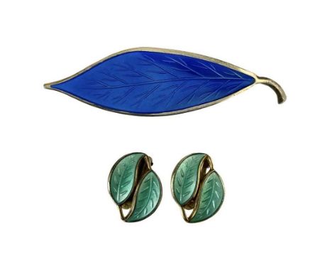 A David Andersen of Norway silver gilt enamel; leaf brooch and pair of leaf clip earrings. The leaf brooch with stamped marks