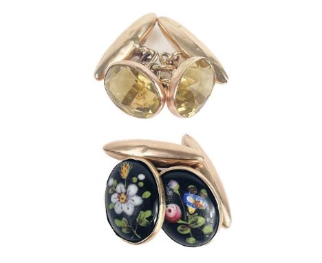 Two pairs of 9ct cufflinks, one set with foliate painted enamel, the other citrine set. With torpedo ends, total weight 11.1g