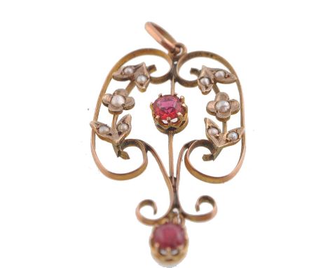 A 19th century Victorian 9ct gold ruby and seed pearl belle epoque necklace pendant. 2 round cut ruby stones approx 10 &amp; 