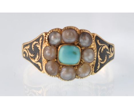 A late George III 18ct gold turquoise pearl and black enamel mourning ring. Inscribed inside ' Revd. Edward Trevenen OB 10 Ju