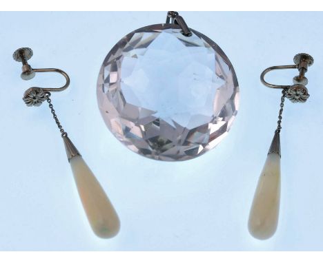 A pair of 14ct white gold and opal drop earrings together with a faceted crystal pendant. The earrings having large opal drop