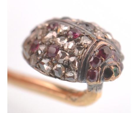 A rare 19th century French gold ruby and diamond stick pin in the form of a ladybird.&nbsp; The ladybird with inset emerald e