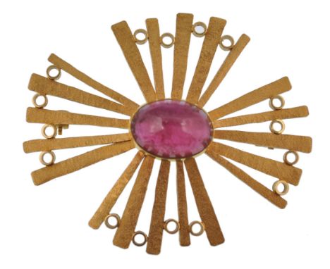 A hallmarked 18ct gold and tourmaline modernist brooch by Thomas A Payne C.P. Triggs. The brooch set with a pink tourmaline c
