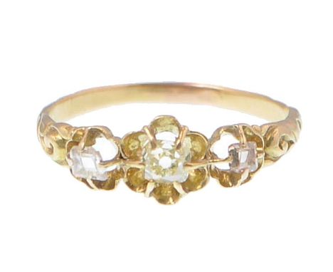 A French 19th century 18ct gold and diamond ring. The ring being set with old and flat cut diamonds within posey style settin