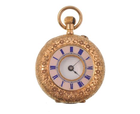 An early 20th century 18ct gold ladies half hunter repeater fob watch with floral chase decorated case having a&nbsp;guilloch