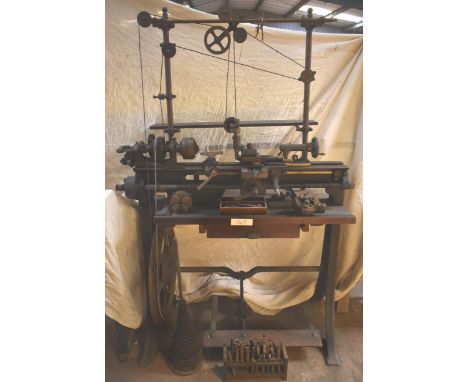 A rare vintage Britannia lathe c/w overhead gear, milling spindle, change gear with cutters and accessories in drawer