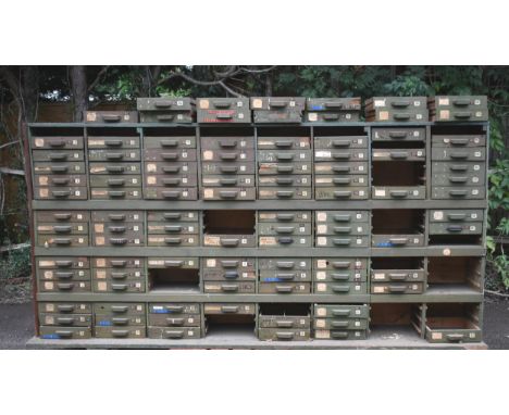 A vintage multi-drawer partners or double sided chest of drawers 9'6" x 2'4" wide ex De Havilland factory