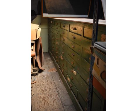A vintage multi-drawer double sided storage unit 12' x 3' Ex De Havilland/British Aerospace factory Hatfield