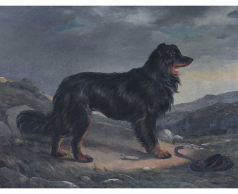 After Sir Edwin Henry Landseer PRA (1802-1873)Black and tan dog standing in a moorland landscape by a tam o'shanter and stick