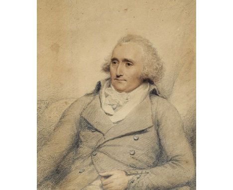 Attributed to William Evans (19th century)A portrait of a gentlemen half-length seated wearing a white cravat and buttoned ja