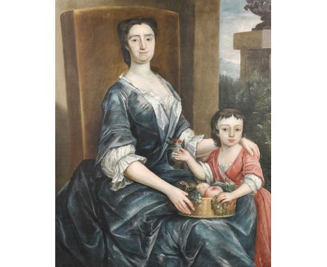 Follower of William Verelst (1704-1752)Portrait of an elegant lady three-quarter length seated with a young child holding a b