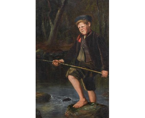 William Geddes (1841-1884) ScottishThe young anglerSigned, oil on canvas, 53.5cm by 34cmOriginal canvas. Slight stretcher sha