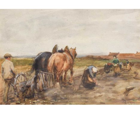 John Atkinson (1863-1924)Plough team of horses and potato pickersSigned, pencil and watercolour heightened with white, 26cm b