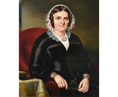 Follower of George Clint RA (1770-1854)Portrait of Mrs Marshall, seated half length, wearing a lace cap furnished with flower