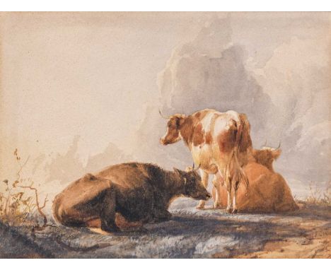 Thomas Sidney Cooper RA (1803-1902)Cattle at rest in a landscapeSigned, pencil and watercolour, 15cm by 20cmNotably stained a