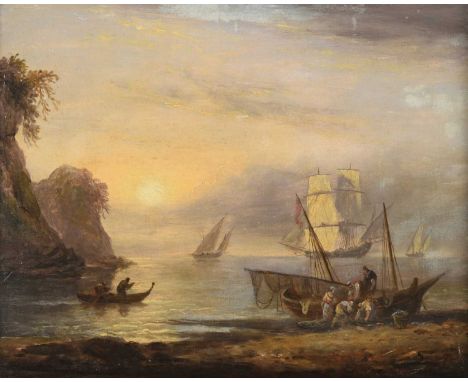 Thomas Luny (1759-1837) Sorting the catch at sunsetReputedly signed and dated 1833 to reverse, oil on panel, together with a 