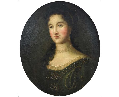 English School (18th century)Portrait of a lady, bust length, wearing a brown dress with embroidered pearls and jewelsOil on 