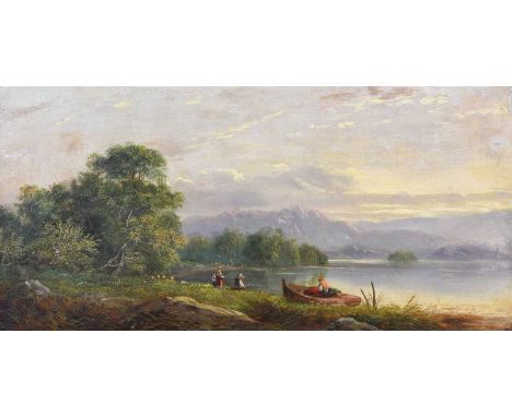 Walter Williams (1834-1906)Figures on a rowing boat beside a riverOil on canvas, 29.5cm by 60cmIn fully restored condition, f
