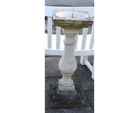 A Composition Stone Sundial, of turned baluster form and on a stepped base88cm