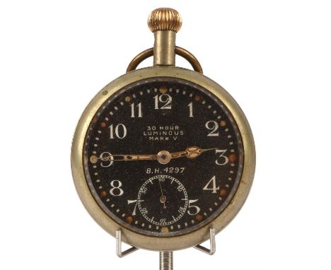 An RFC Mark 5 open face military pocket watch, the black dial with Arabic numeral hour markers, bead minute rack and subsidar