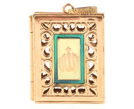 A pierced gold book pendant, hinged so opens and closes, with central enamel panel in green and cream, with articulated bail,
