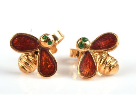 Enamel bee earrings in yellow metal stamped 18 ct, with red and green enamel, with posts and butterfly fittingsCondition Repo
