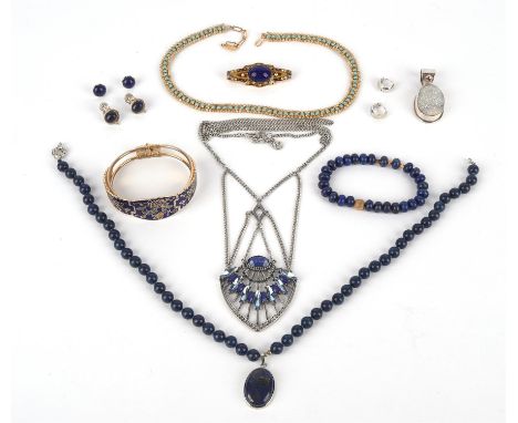 Lapis lazuli silver jewellery and other items including earrings, chains, pendants, an enamel bangle and a brooch.Condition R