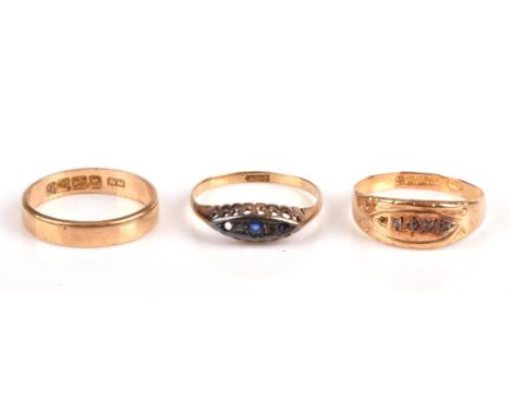 Three rings, including a five stone diamond ring with rose cut diamonds, ring size O, a sapphire and diamond ring, size O, an