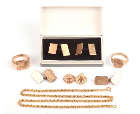 A group of jewellery, including a pair of rectangular engine turned cufflinks, two signet rings, both size S, a rope chain, l