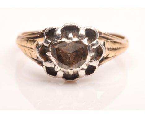 Floral motif ring, set with a rose cut diamond weighing an estimated 0.26 carats in a closed back setting, in tested 18 ct, s