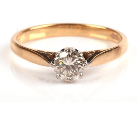 Single stone diamond ring, round brilliant cut diamond weighing an estimated 0.40 carat, set in stamped 18 ct, ring size NCon