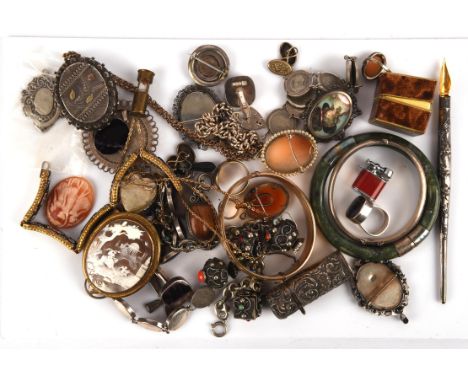 Selection of mainly antique silver and costume jewellery, including a green hardstone bangle, a painted portrait brooch, a ba