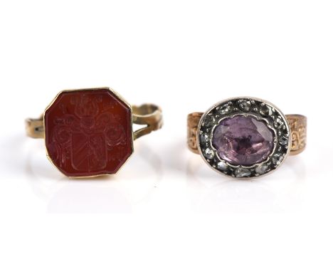 Two rings, one a carnelian seal signet ring, with octagonal face, in 9 ct with a higher wash, size O, together with a antique