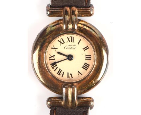 Must de Cartier A ladies silver plated wristwatch the white enamel dial with Roman numeral hour makers and steel hands, fitte