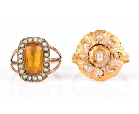 Antique high carat seed pearl ring, with foreign stamps to the outside of the shank, approximate ring size M, yellow paste an