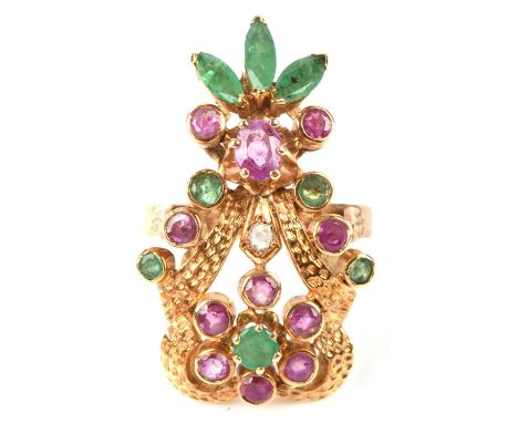 A gem set emerald, ruby and diamond dress ring, in the form of an abstract pineapple, mount stamped "K18" and testing as 18 c