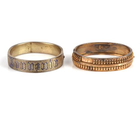 Two antique bangles, one Souvenir hinged bangle in yellow metal with blue enamel, one hinged bangle with applied detailing, t