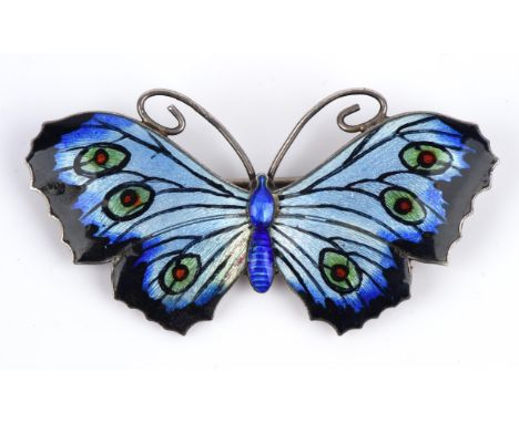 John Aitken and Son silver butterfly brooch, with blue green and red enamel wings, hallmarked Birmingham, 1918, with pin and 