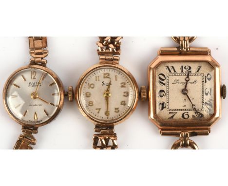 Dingwall a Ladies Gold wristwatch the case of square outline the signed dial with Arabic numeral hour markers   and railway m
