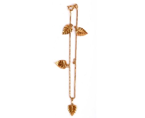A leaf bracelet, box chain bracelet with a bolt ring clasp, suspending four leaf drops, in 18 ct, length 20cmCondition Report