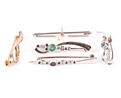 5x gem-set bar brooches including a diamond brooch in unmarked yellow and white metal tested as 14 ct gold, a ruby, sapphire 