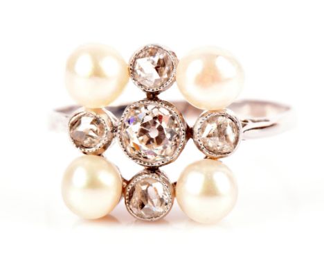 Old cut diamond and pearl square cluster ring, with four pearls and five old cut diamonds, in unmarked white metal tested as 