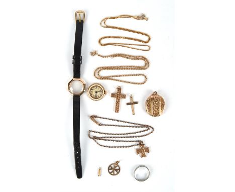 A group of items including a white metal band stamped "PLAT", maker's stamp "S&W", a box link chain in yellow metal tested as